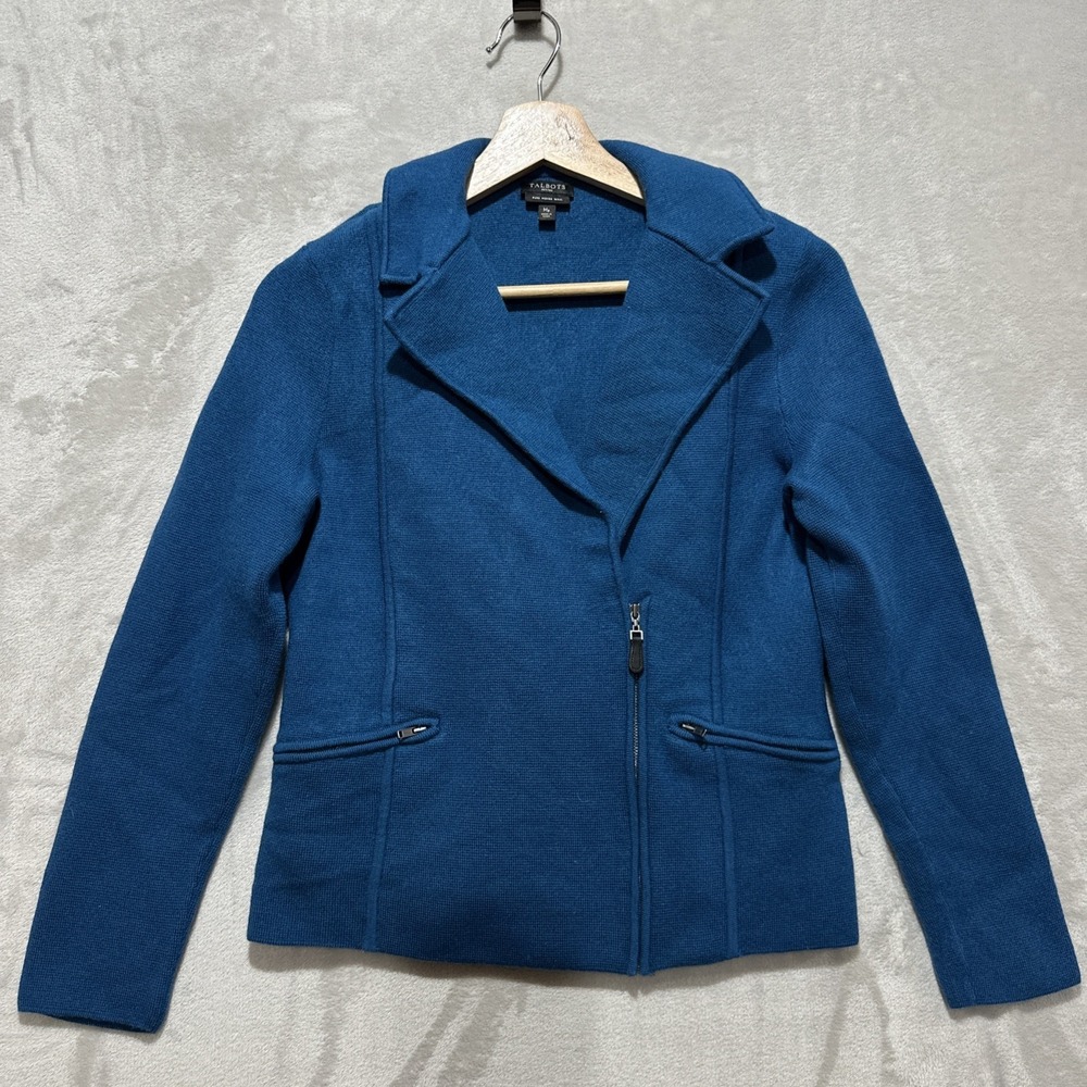 Talbots Petite Pure Merino Wool Zip Front Blazer Women's M Blue Zippered Pockets